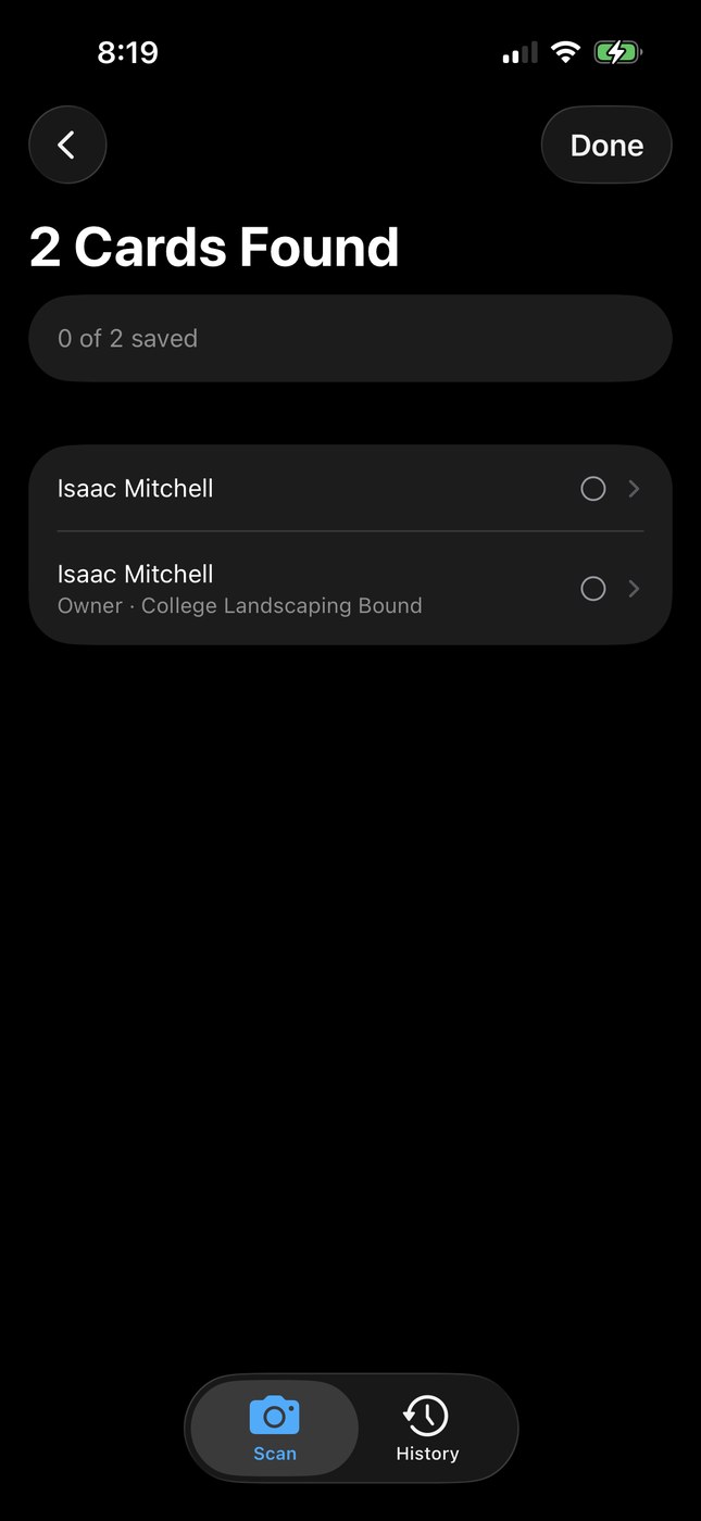 CardScanner screen showing two cards found and ready to save