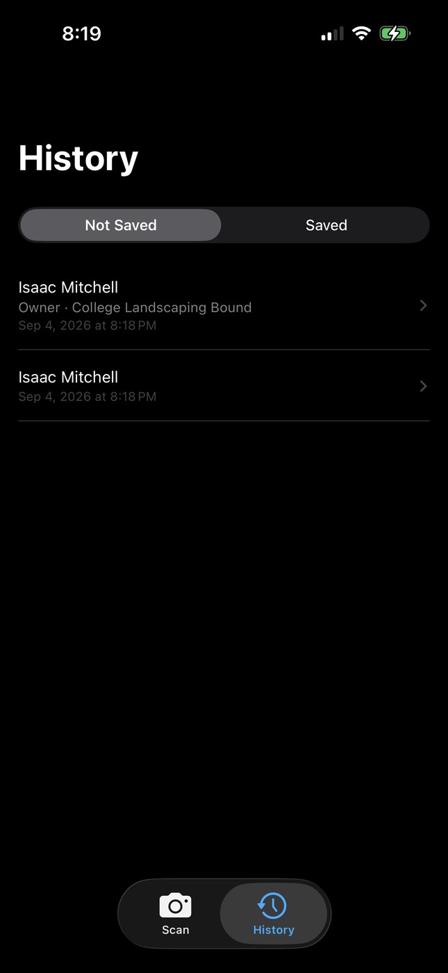 CardScanner history screen showing saved and not-yet-saved contacts