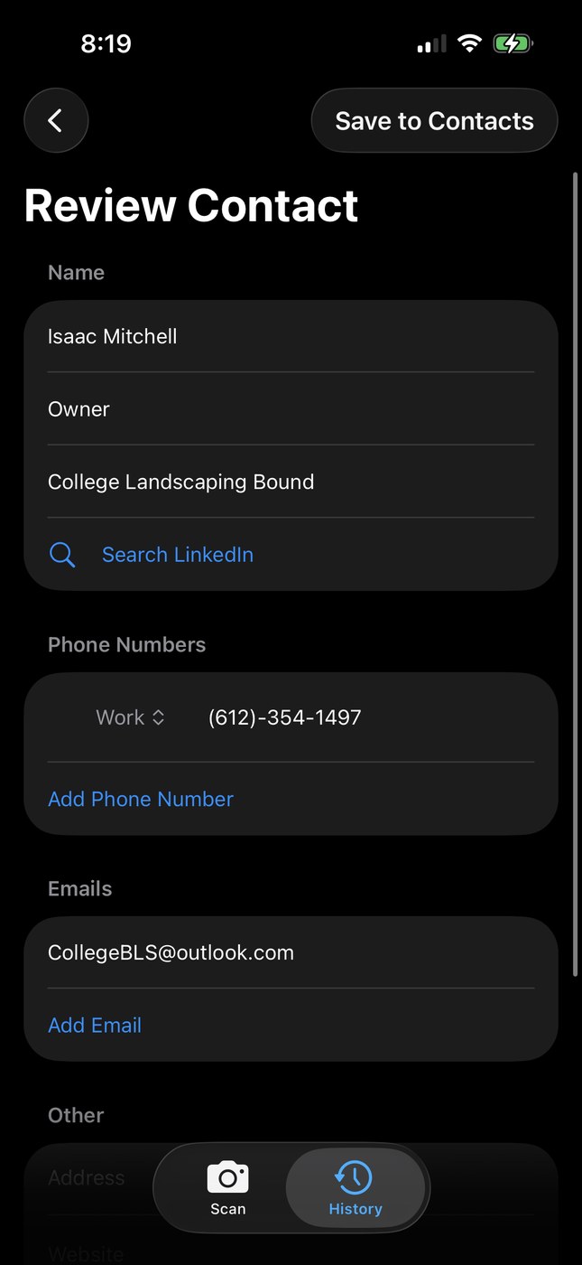 CardScanner review contact screen with editable fields and a Search LinkedIn button