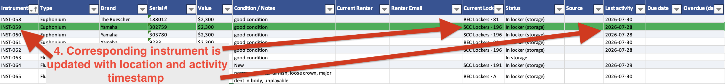 Rental instrument inventory sheet updating automatically