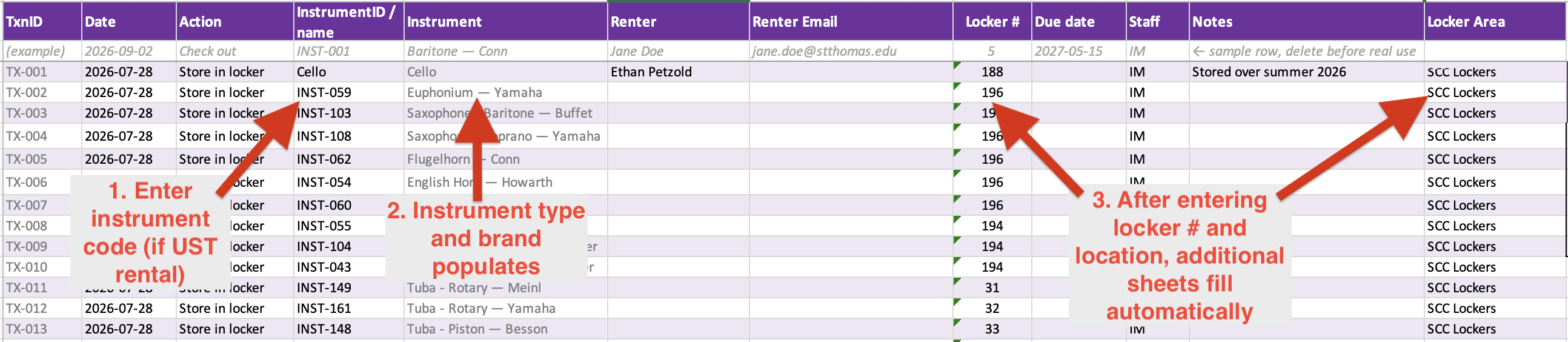The append-only Log sheet, with entry order annotated