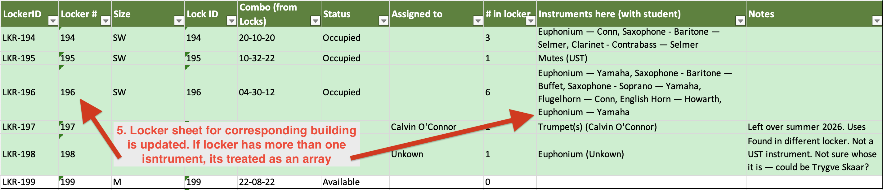 Building-specific locker room sheet updating automatically